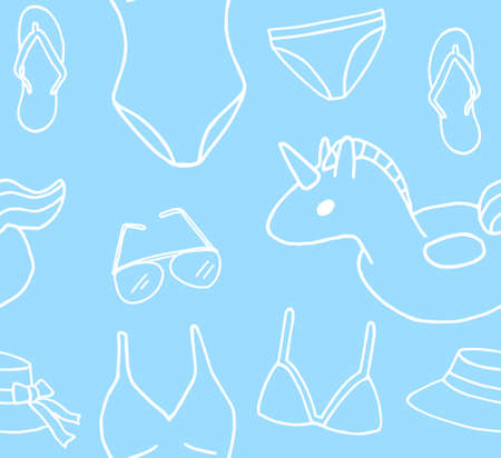 Vector seamless pattern of white hand drawn doodle sketch beach suit and accessories isolated on...