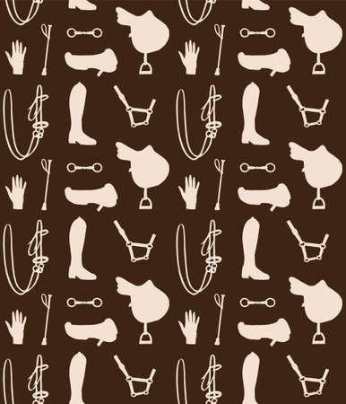 Vector seamless pattern of beige hand drawn doodle sketch equestrian horse riding equipment silhouette isolated on brown backgroundのイラスト素材
