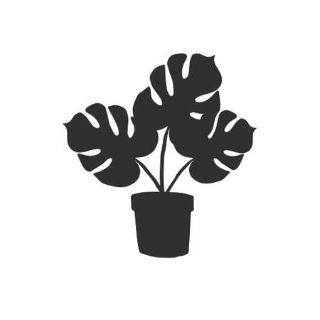 Vector black hand drawn monstera in pot silhouette isolated on white backgroundのイラスト素材