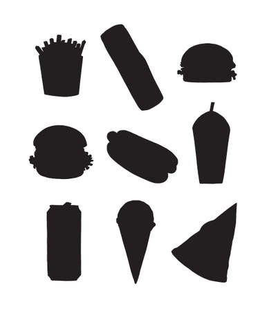 Vector set bundle of hand drawn fast food silhouette isolated on white backgroundのイラスト素材