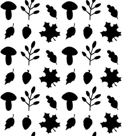 Vector seamless pattern of black hand drawn doodle autumn leaves mushroom and acorn silhouette isolated on white backgroundのイラスト素材