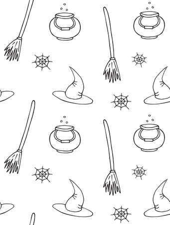 Vector seamless pattern of hand drawn doodle sketch witch hat bowl and broom isolated on white backgroundのイラスト素材