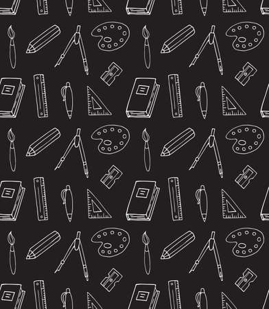 Vector seamless pattern of chalk hand drawn doodle sketch school office chancellery isolated on black backgroundのイラスト素材