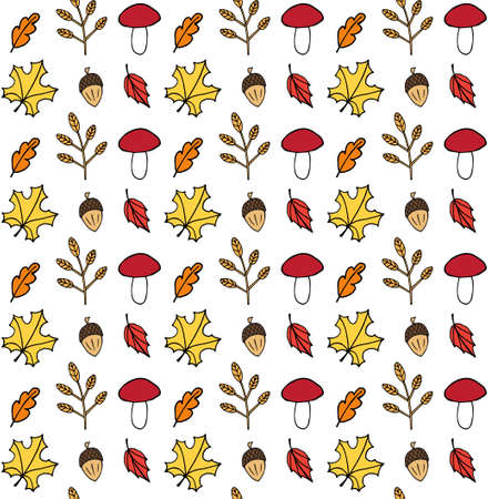 Vector seamless pattern of different colored hand drawn doodle sketch autumn leaves mushroom and acorn isolated on white backgroundのイラスト素材