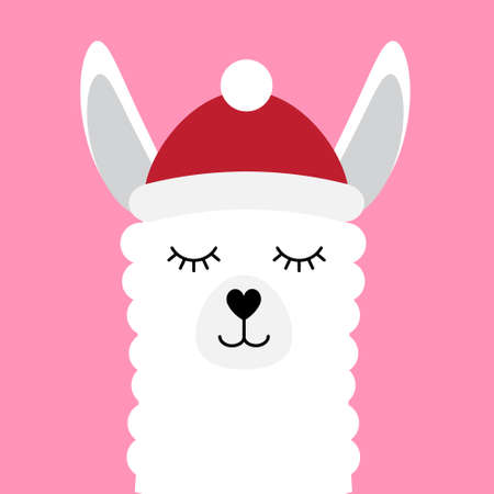 Vector flat cartoon llama face in winter hat and scarf isolated on pink backgroundのイラスト素材