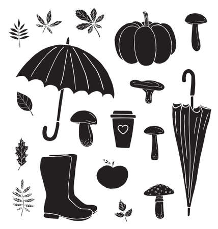 Vector set bundle of black hand drawn doodle sketch autumn elements isolated on white backgroundのイラスト素材