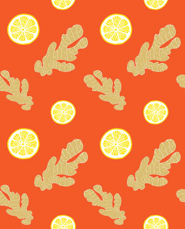 Vector seamless pattern of hand drawn doodle sketch ginger and lemon isolated on orange backgroundのイラスト素材