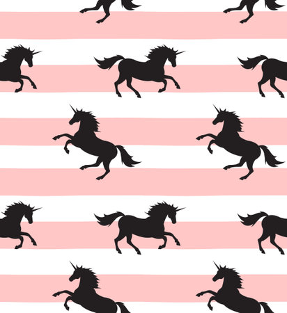 Vector seamless pattern of black unicorn silhouette isolated on pink striped backgroundのイラスト素材