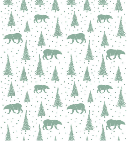 Vector seamless pattern of mint hand drawn doodle sketch bear and forest spruce tree isolated on white backgroundのイラスト素材