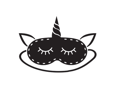 Vector flat cartoon black unicorn sleeping mask and good night lettering isolated on white backgroundのイラスト素材
