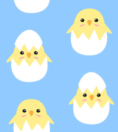 Vector seamless pattern of flat cartoon doodle colored chick in egg shell isolated on blue backgroundのイラスト素材