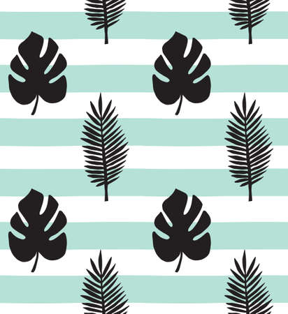 Vector seamless pattern of hand drawn palm and monstera leaves silhouette isolated on mint stripped backgroundのイラスト素材