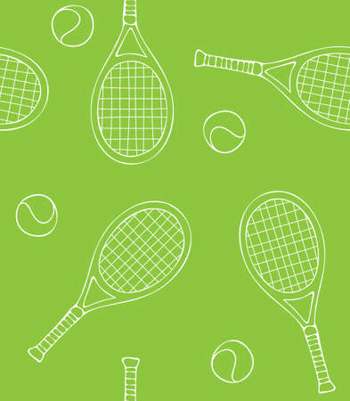 Vector seamless pattern of hand drawn doodle sketch tennis rackets and ball isolated on green backgroundのイラスト素材