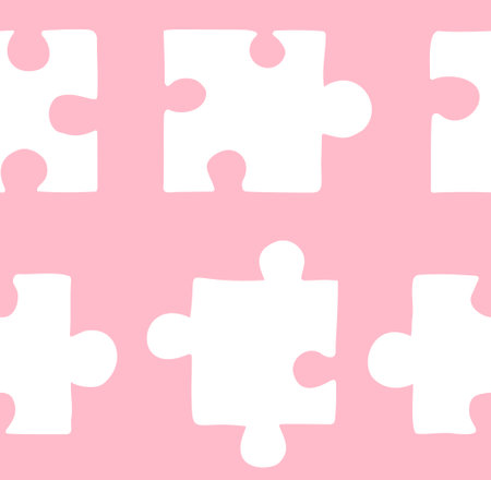 Vector seamless pattern of white hand drawn doodle sketch puzzle pieces silhouette isolated on pink backgroundのイラスト素材