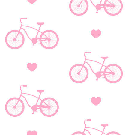 Vector seamless pattern of flat cartoon bicycle and heart silhouette isolated on white backgroundのイラスト素材