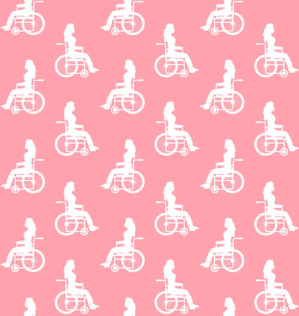 Vector seamless pattern of flat woman girl sitting in invalid wheelchair silhouette isolated on pink backgroundのイラスト素材