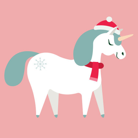 Vector flat cartoon Christmas unicorn isolated on pink backgroundのイラスト素材