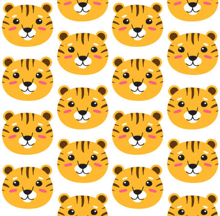 Vector seamless pattern of flat cartoon hand drawn tiger face head isolated on white backgroundのイラスト素材