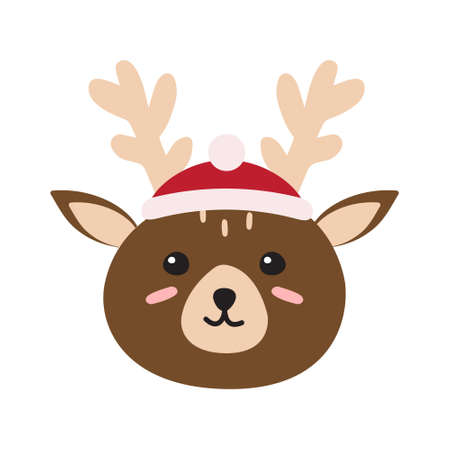 Vector flat cartoon doodle deer face in Christmas hat isolated on white backgroundのイラスト素材