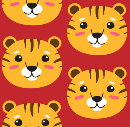Vector seamless pattern of flat cartoon hand drawn tiger face head isolated on red backgroundのイラスト素材