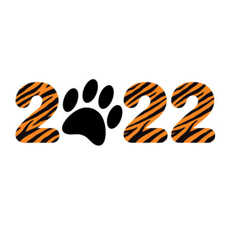 Vector flat 2022 new year text with tiger paw and fur print isolated on white backgroundのイラスト素材