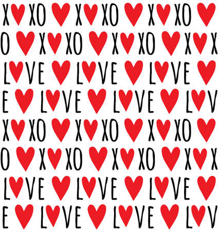 Vector seamless pattern of Valentine love and xoxo text and hearts isolated on white backgroundのイラスト素材