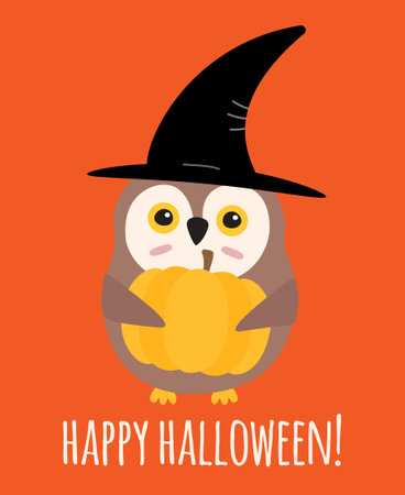 Vector flat cartoon Halloween witch owlのイラスト素材