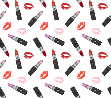 Vector seamless pattern of lipstick and lip kissのイラスト素材
