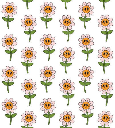 Vector seamless pattern of groovy flower with faceのイラスト素材