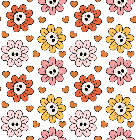 Vector seamless pattern of groovy flower skullのイラスト素材