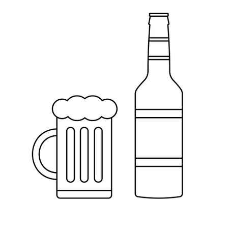 Vector flat outline beer bottle and glassのイラスト素材