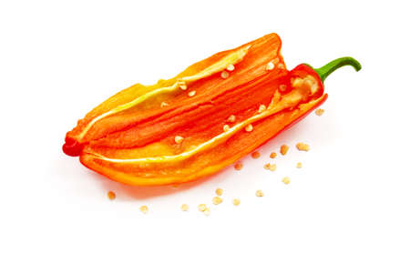 red chili pepper with seeds inside on white background