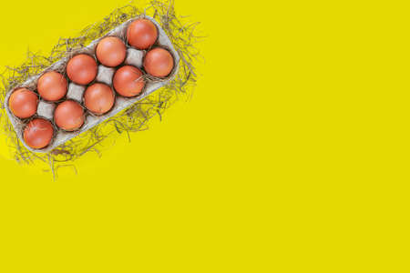 Cardboard box filled with hay and red fresh chicken eggs set against a yellow background. Easter. Is...
