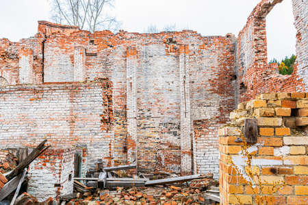The walls of the factory building from the inside of an old glass factory of the 19th century, built in the Baroque style in the Siberian outback in the Krasnoyarsk Territory.の写真素材