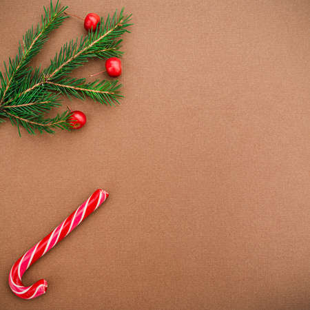 Christmas or New Year background. Red ball, lollipop, spruce branch are on a brown background. Flat...