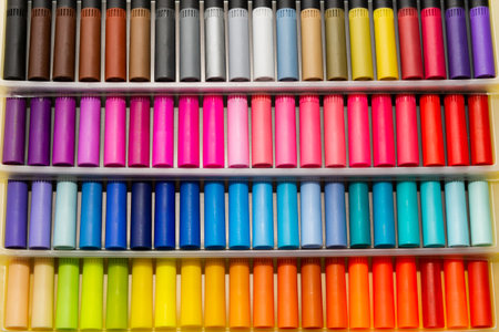 Large set of colored markers in a plastic box.