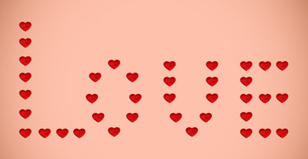 Pattern of hearts in the form of the word love on a gold background.の写真素材