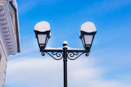 Krasnoyarsk, Russia - January 30, 2021: Winter landscape with lanterns. Beautiful winter landscape.のeditorial素材