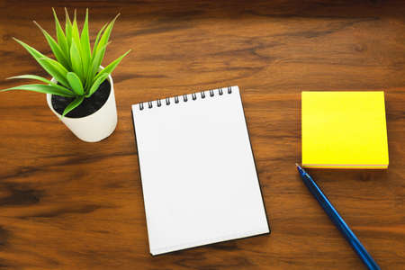 The flower, notepad and stickers are located on the surface of the writing desk. Workplace, flat lay.の写真素材