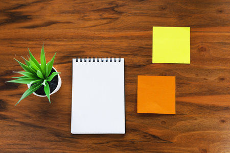 The flower, notepad and stickers are located on the surface of the writing desk. Workplace, flat lay.の写真素材