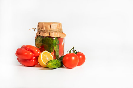 Pickled or salted tomatoes in a glass jar on a white background. Preservation of the tomato harvestの写真素材