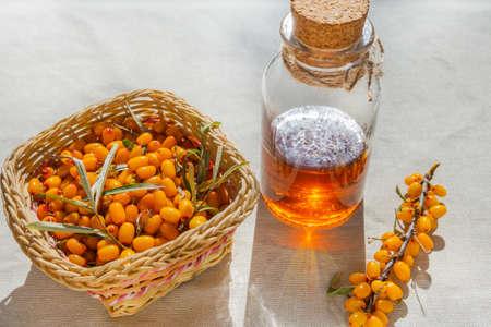 Ripe sea buckthorn in a basket and fresh sea buckthorn oil in a glass bottle.の写真素材