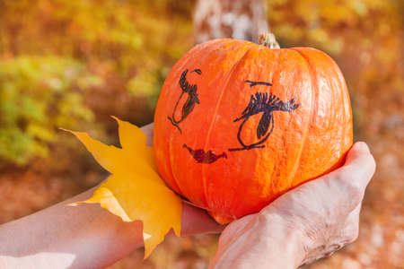 Female hands hold a ripe pumpkin with a female face.の写真素材