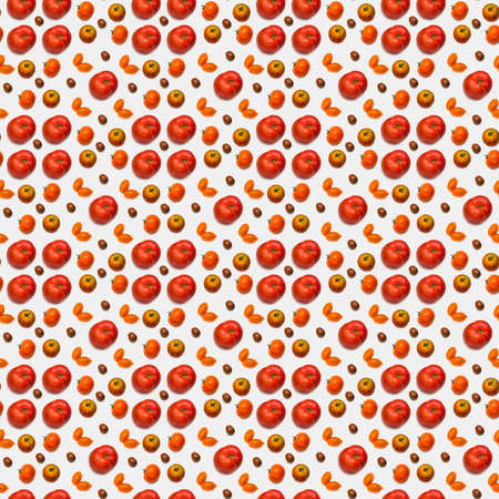 Large pattern of tomatoes of different varieties on a white background.の写真素材