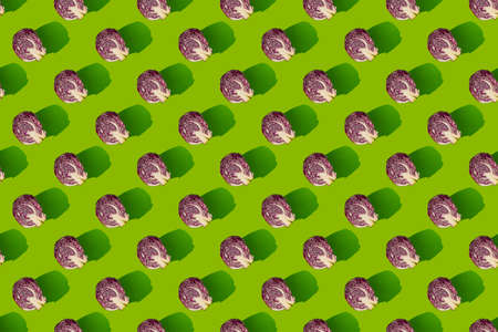 Pattern of slices of red cabbage on a green background. Autumn concept.の写真素材