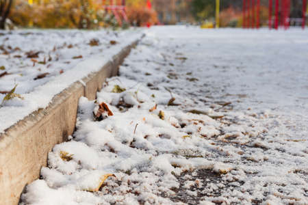 Snow-covered road in the park with fallen leaves. The concept of the first snow in winter or autumn.の写真素材