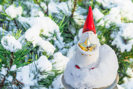 A toy gnome in a red hat stands in the snow next to a tree and holds a star. Christmas and New Year concept.の写真素材