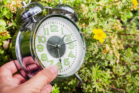 A woman holds an alarm clock with her hand next to green grass. The concept of the onset of the...