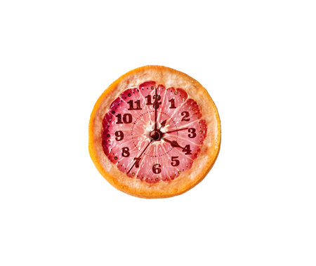 Creative clock made from a slice of grapefruit on a white background. isolated. The concept of a...