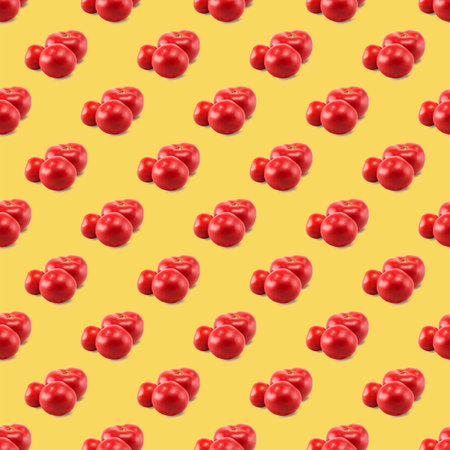 Seamless, repeating pattern of three red tomatoes on a yellow background.の写真素材